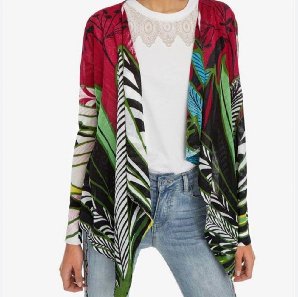 Desigual Jers Olten Purple Sweater Cardigan Bold Leaf Open Waterfall Medium